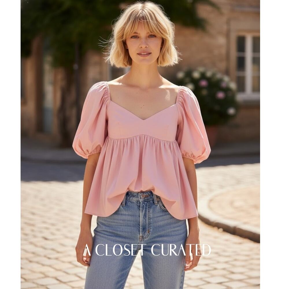 Caroline Constas Leigh Puff Sleeve Top Small Pink NEW